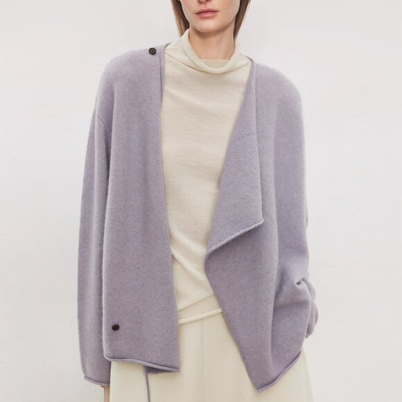 CHICJOC Asymmetric Draped Neck Wool–Cashmere Cardigan Soft Mist Purple size 36 - Picture 7 of 7